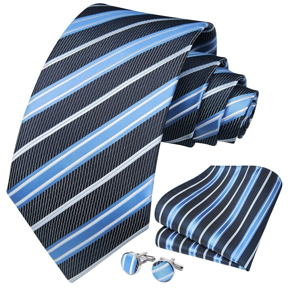 6617 Tie Formal Business Tie and Pocket Square Cufflinks Black Blue Silk